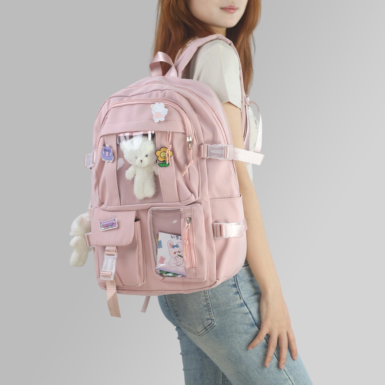 Sac à Dos D'école Kawaii pour Filles et Femmes,Joli Sac à Dos Esthétique avec épingle et Accessoires