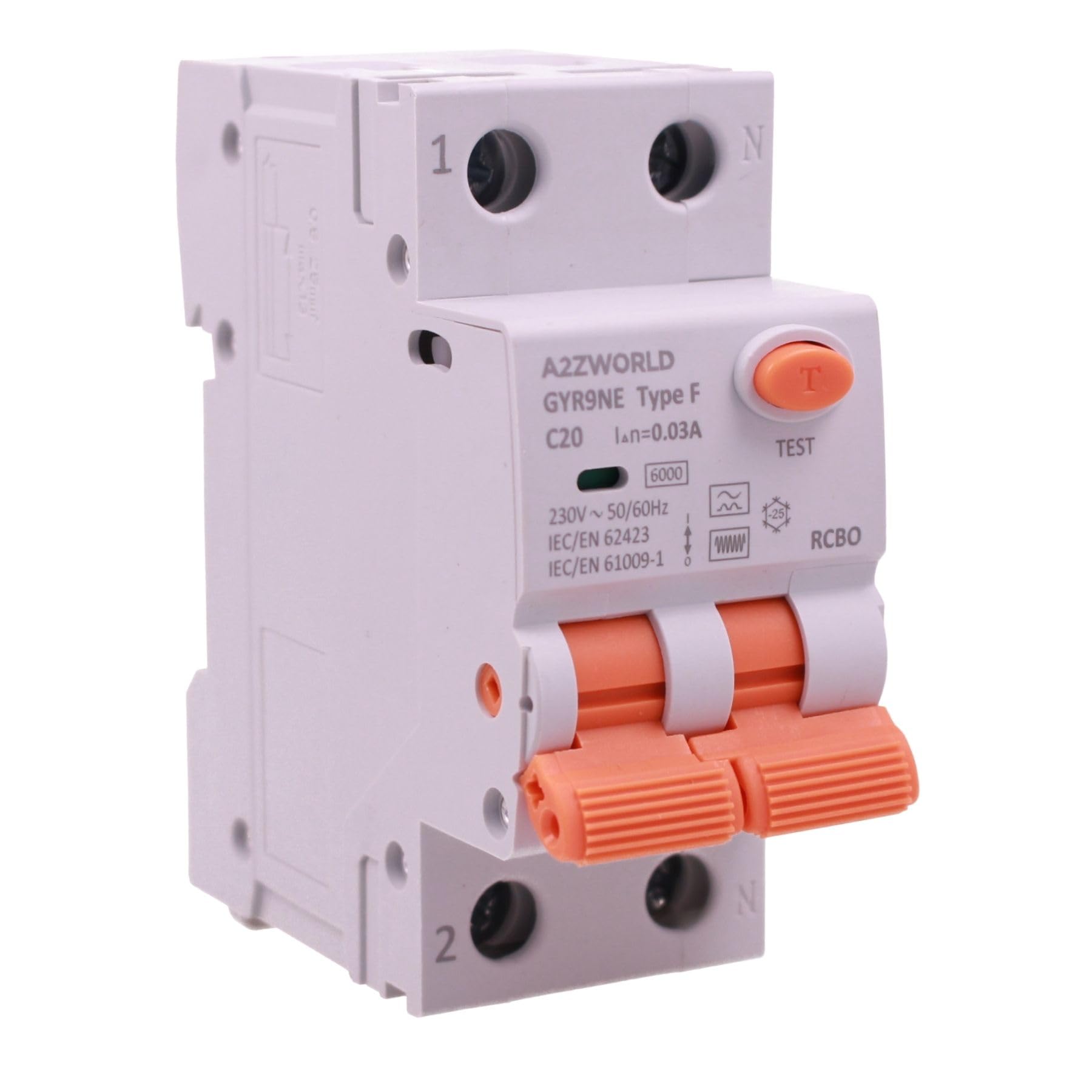RCBO Typ F 20 A C20, Differentialschalter mit Leitungsschutzschalter Klasse F Kurve C, 1P+N 6 kA 30 mA, 2 Module 230 V AC, Doppelhebel, für moderne elektronische Geräte