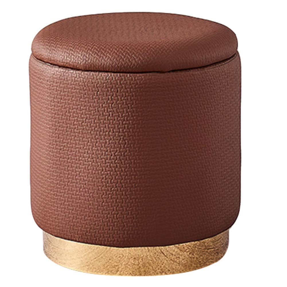 Elegante poggiapiedi rotondo in velluto vintage con contenitore, pouf imbottito per soggiorno, camera da letto, toeletta e cambio scarpe, elegante poggiapiedi marrone (40 x 43 cm)