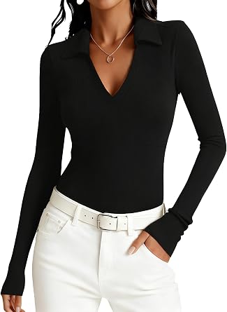 Dressmine Long Sleeve Tops Women T Shirts V Neck Henley Fitted Polo Shirt Basic Y2K Tops Work Business Ribbed Blouse