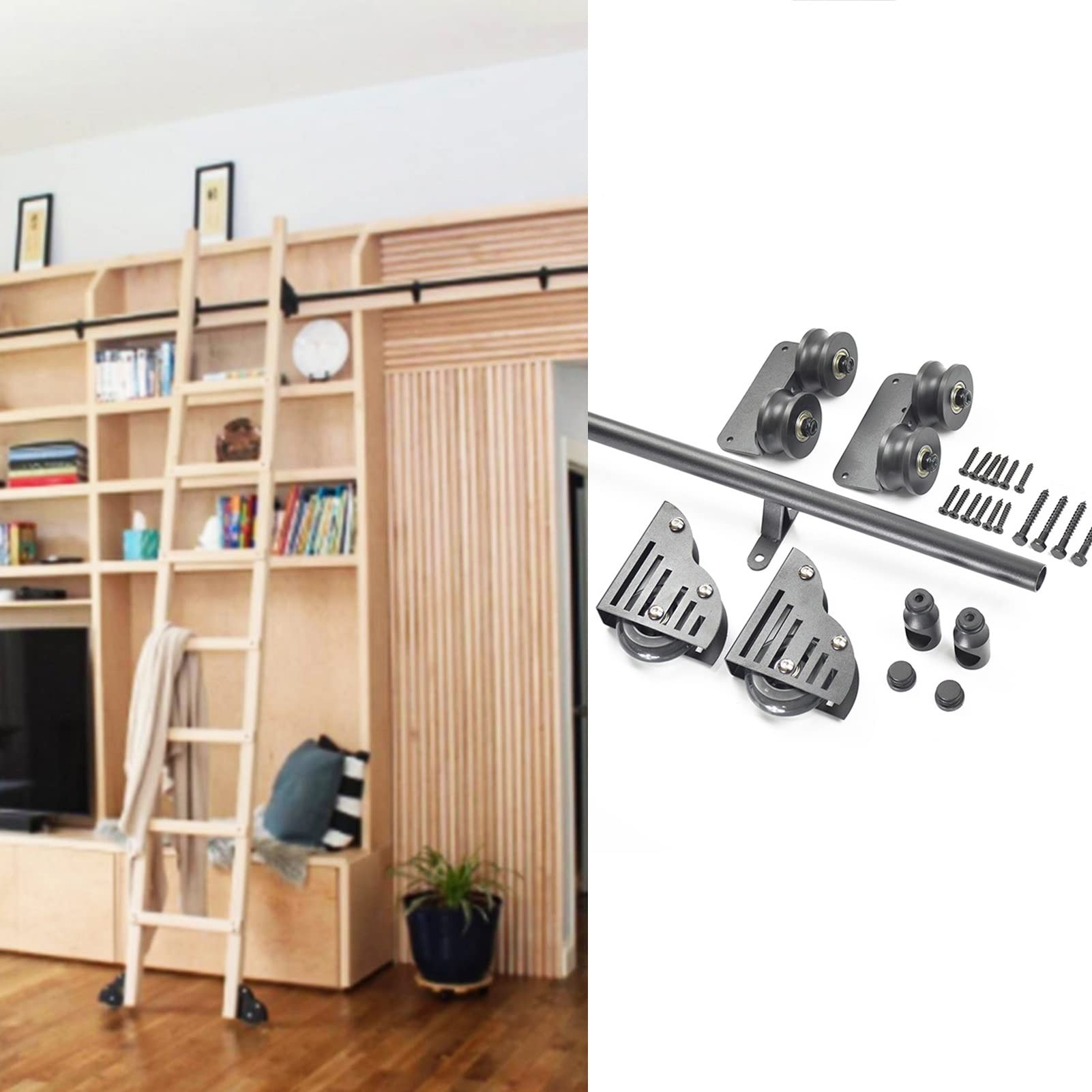 GHFXSCV Sliding Barn Door Hardware Kit (No Ladder) 3.3ft-20ft Kit, Rolling Ladder Hardware Library Sliding Ladder Full Set Hardware Kit, With Floor Roller Wheels (Size : 20ft/600cm Track kit)