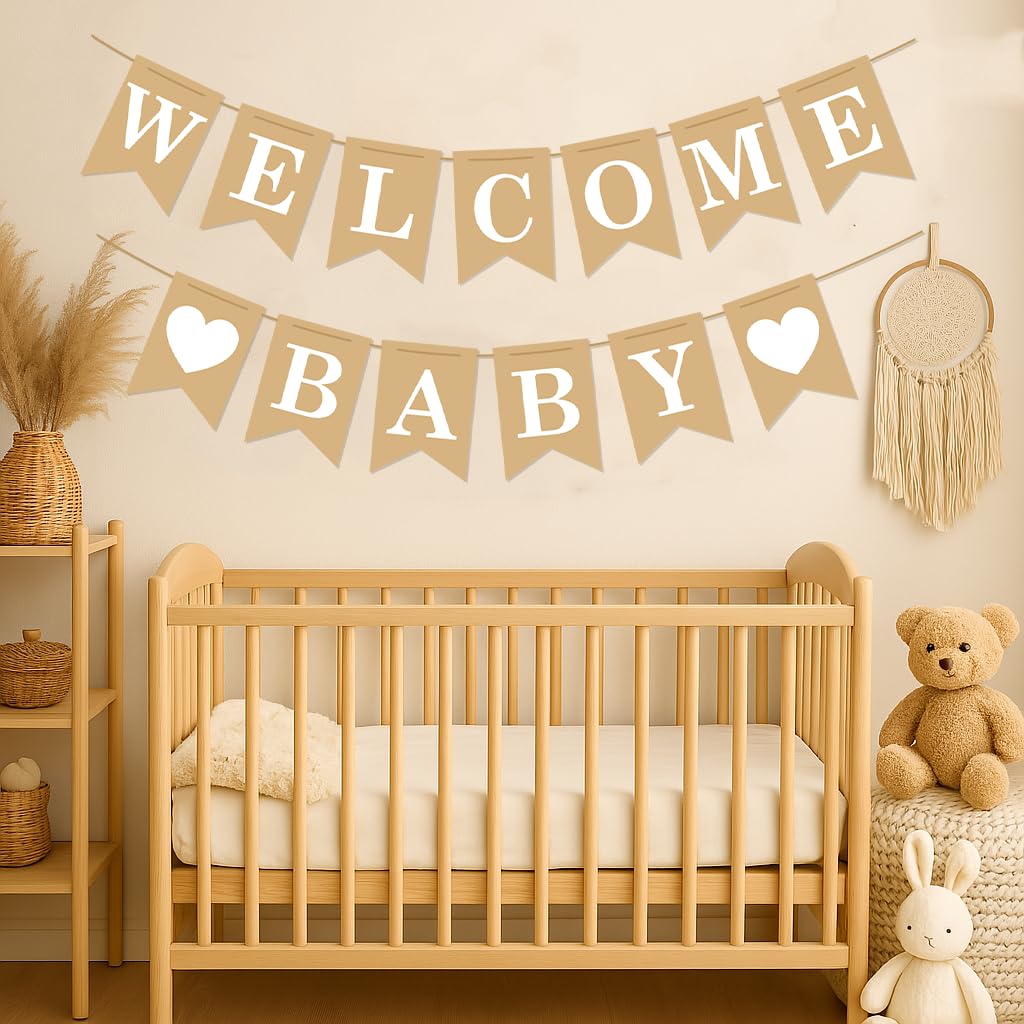 Welcome Baby Banner – Rustic Baby Shower Decorations, Gender Neutral Baby Shower Decor, Pre-Strung Shower Sign, Baby Boy Banner for Party Wall Backdrop