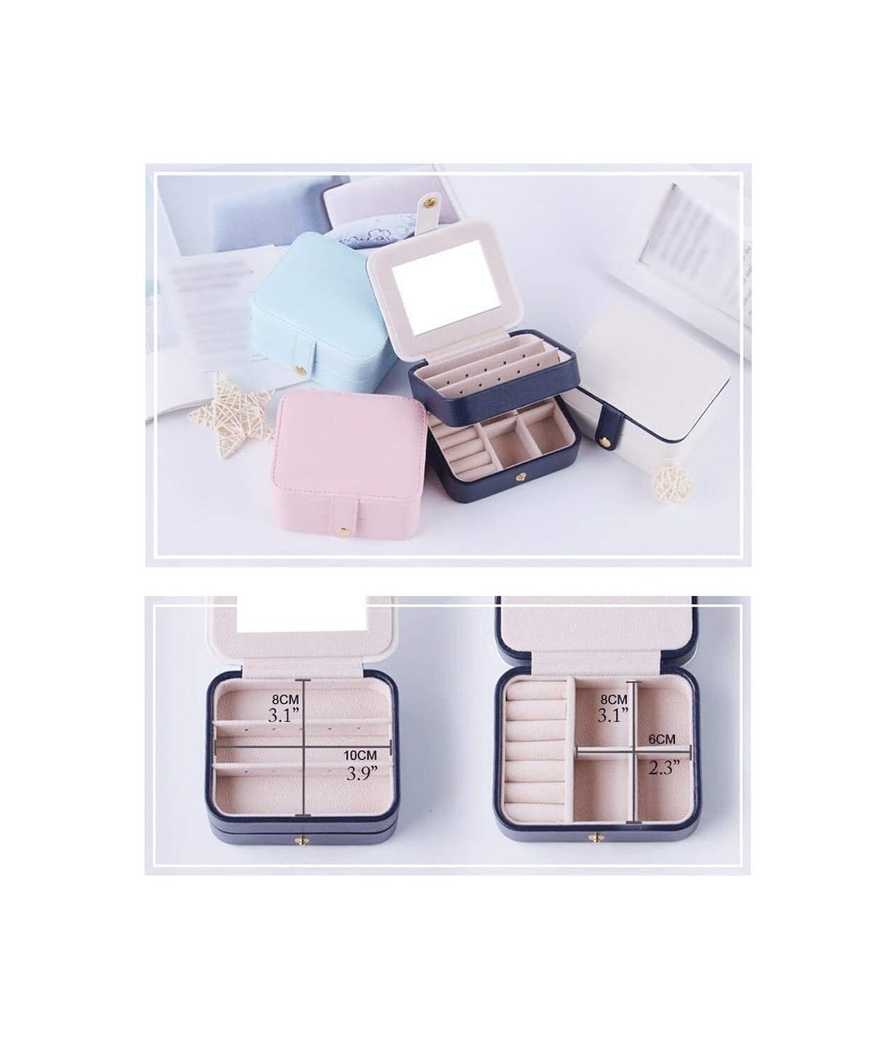 Pudełka z biżuterią Organizator Podwójny podróżny Mini mały futerał na biżuterię z lustrem Organizer na biżuterię Pudełko do przechowywania na biurku /95(Blue)