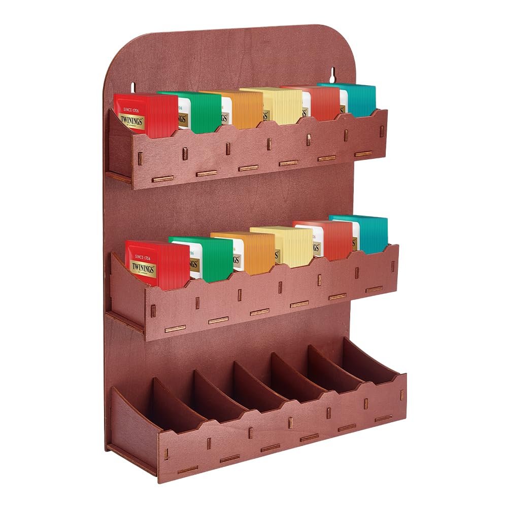 UNICRAFTALE Soporte para bolsas de té de 3 pisos, de madera, color marrón, vertical, organizador de almacenamiento para colgar en la pared, caja de té, bolsa de té, soporte de estación para encimera