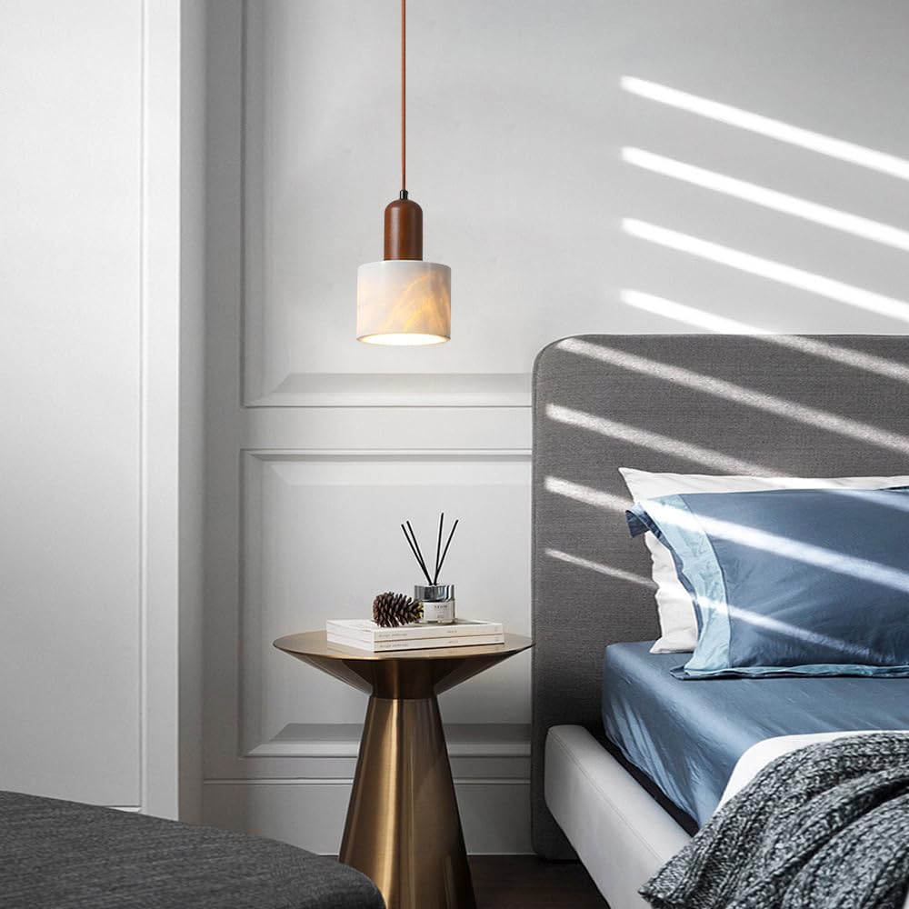 Alabaster Light for Kitchen Island, Wood Light Fixtures with Marble Cylindl Shade, Bedroom Dining Room Living Room Hanging Chaners