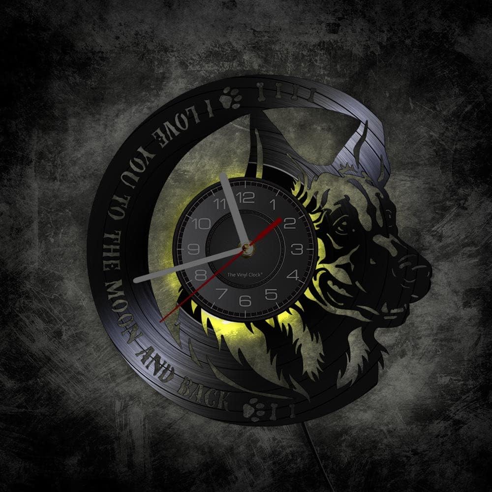 I Love You to The Moon and Back German Shepherd Inspirational Quote Vinyl Record Wall Clock with 7 Colors LED German Shepherd Dog Owen Vinyl LP Wall Clock Gift Idea Bedroom Living Room 12''