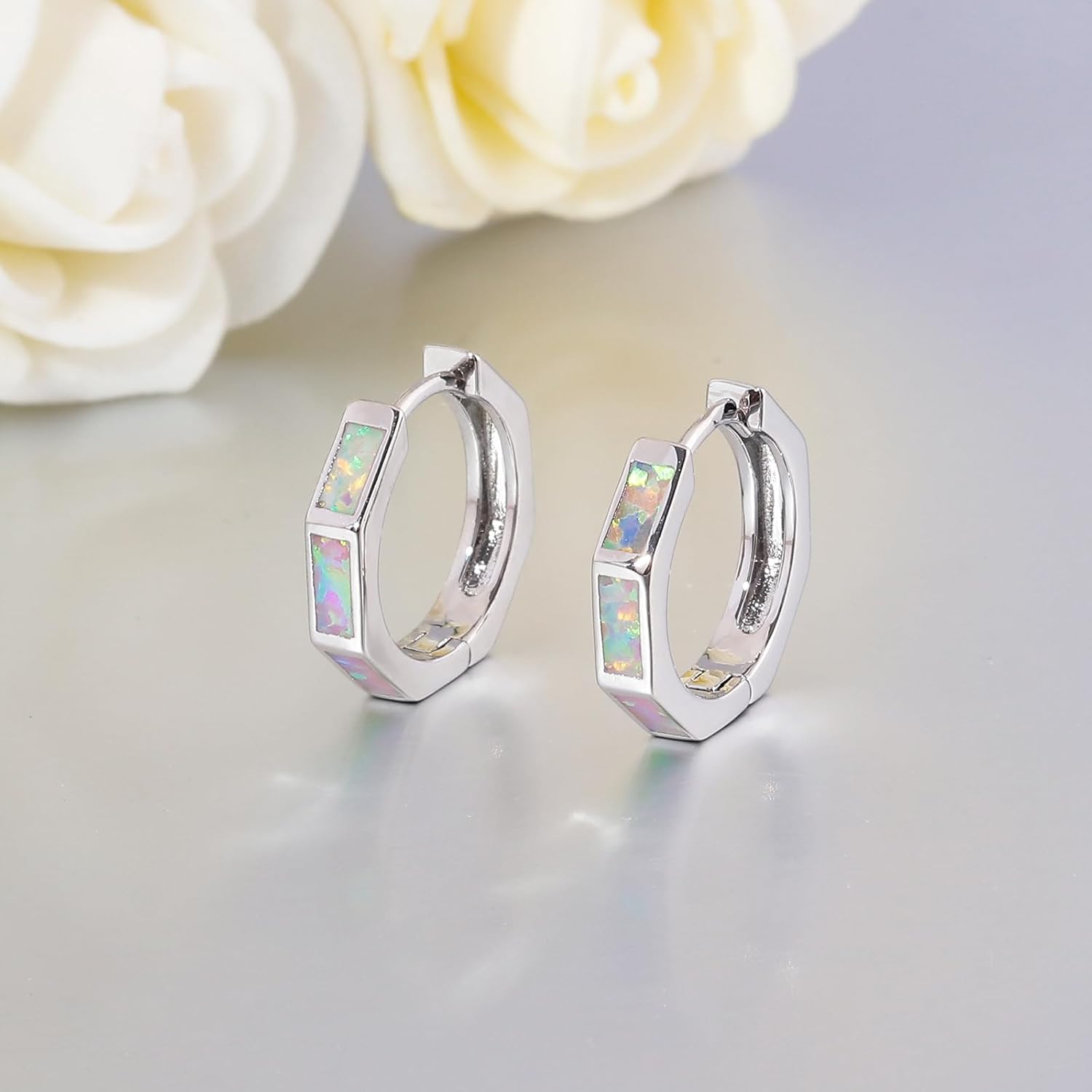 CiNily Opal Hoop Earrings for Women, Hexagon Huggie Earrings 14K White/Black/Gold Plated Hypoallergenic | Mini Hoop Earrings | Small Hoops for Sensitive Ear Christmas Halloween Jewelry Gifts - Image 6