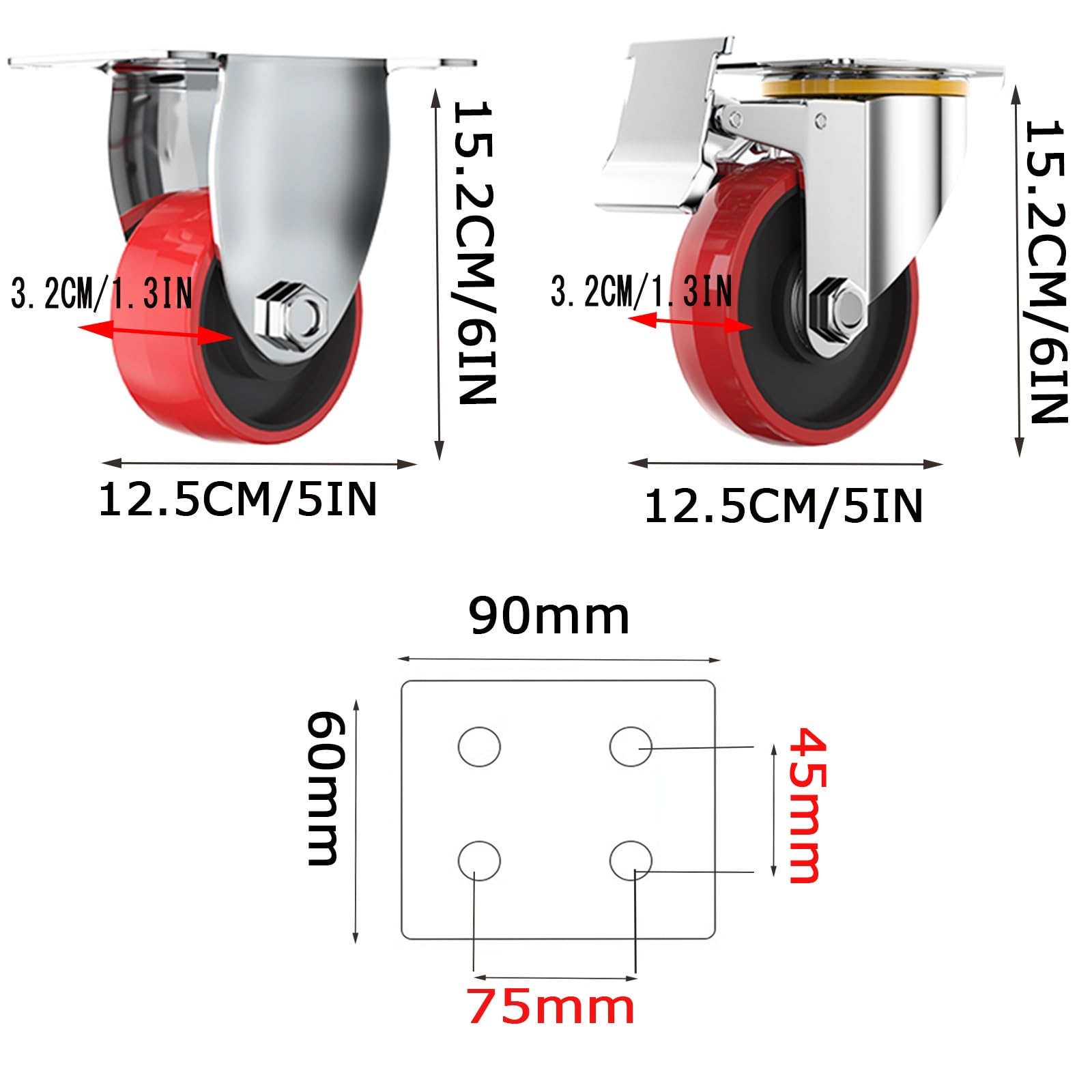 HJXGQJM Roulette Charge Lourde, Roues Industrielles, Roues en Polyuréthane (PU) À Blocage Silencieux, Lockable Bearing Plate Caster Wheels with Brakes(5in(2non-steerable 2with Brakes))