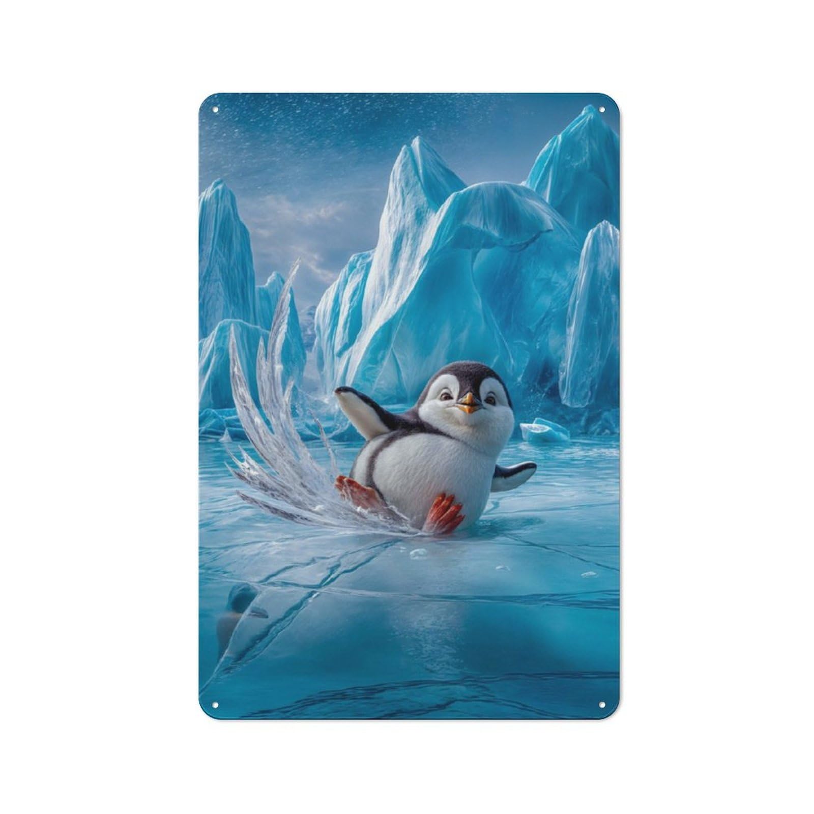 Junmoney Penguin Slipping On Ice Rustic Metal Wall Sign 30X20cm For Studio Or Craft Room, For Vintage Wall Decor Fans, For Themed Room Decoration