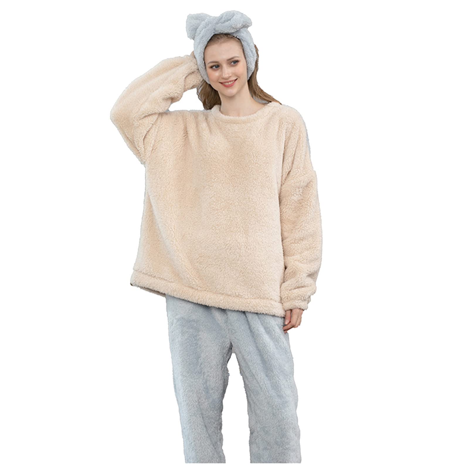 CMBSSTFC Pijamas de invierno para mujer, de forro polar, cálido y acogedor, pijamas térmicos de dos piezas, pantalones largos y camisetas de pijama, traje de jogging, conjunto de pijama de gran tamaño