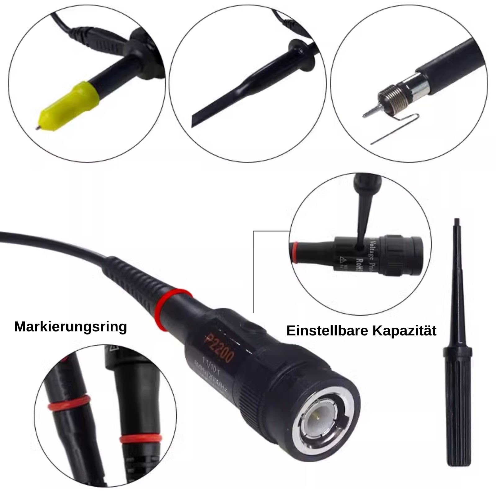 1 Stück Oszilloskop Tastkopf 200MHz Oszilloskop Bereich Oszilloskopsonde Testsondenklemme Bnc P2200 X10/X1 Schwarz