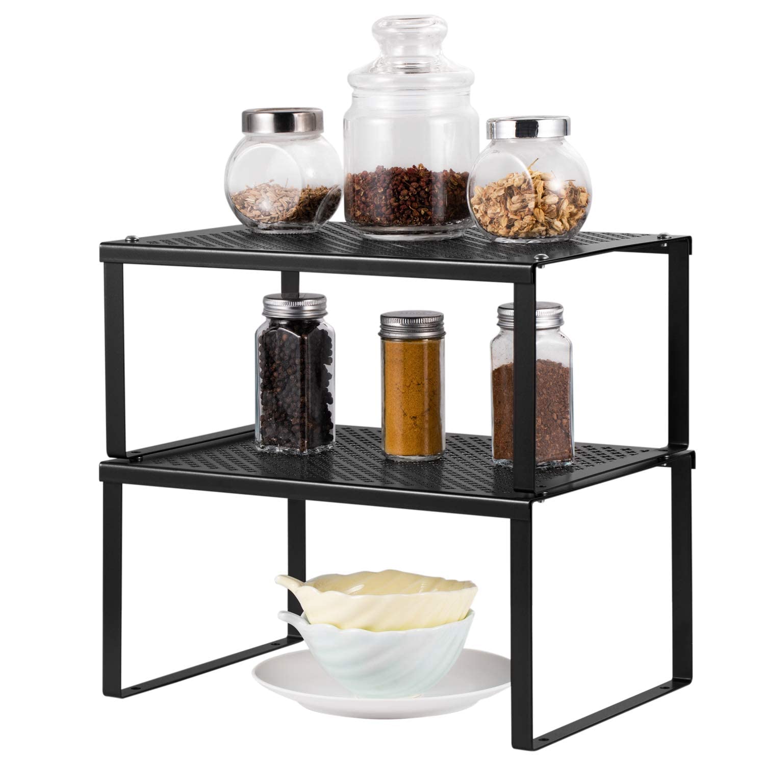 NEX Kitchen Cabinet and Counter Shelf Organizer, Expandable & Stackable, Black