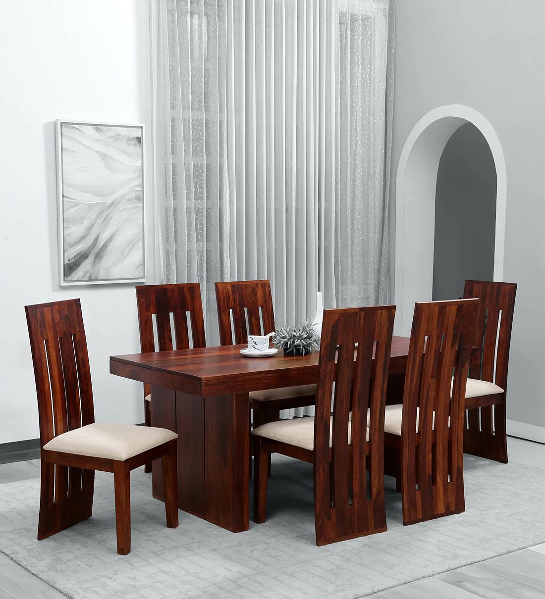 Diksha Wood Sheesham Wood Mahogany Finish 6 Seater Dining Table Set with Chairs (Cherry Brown)