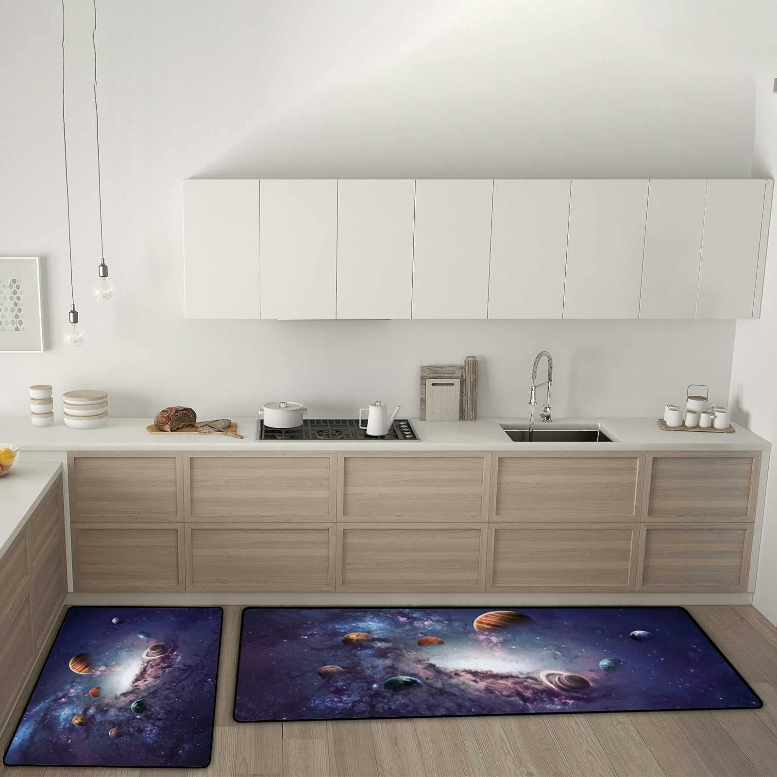 Kuizee Kitchen Mat Set of 2 Pieces Anti Fatigue Rugs Solar System Galaxy Planets Blue Purple Soft Water Absorbent Non-Slip Standing Mats Kitchen Decor Floor,17.7