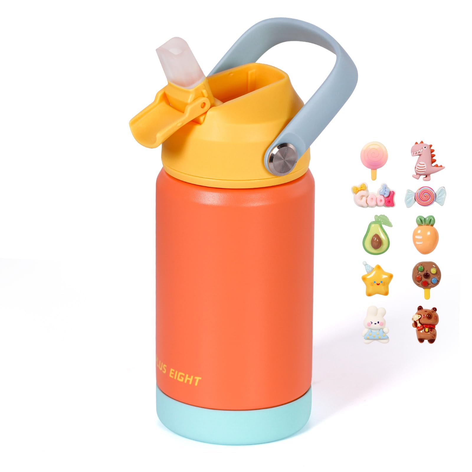 pluseight Kids Insulated Water Bottle with Straw Lid, 350ml BPA-Free Double Wall Vacuum Tumbler 18/8 Stainless Steel Leak Proof Kids Cups with Straw for School Travel Boys Girls (Yellow-Orange)