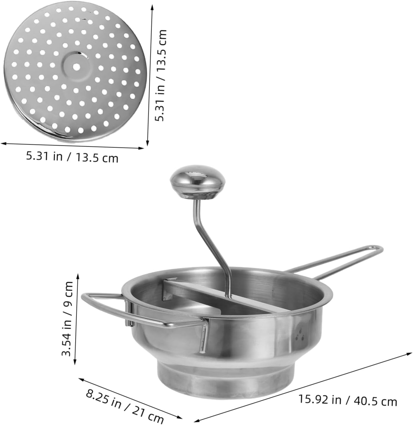 Mobestech 1set Multi-use Stainless Steel Potato Ergonomic Manual Masher Tool for Effortless Food Preparation for Mashing Potatoes Vegetables and Fruits Includes Interchangeable Filter Discs