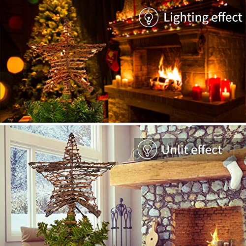 Christmas Star Tree Topper,12" Rattan 3D Star Tree Topper,Rustic Rattan Natural Star Built In 10 Bulbs String Lights For Indoor Xmas Christmas New Year Holiday Tree Decoration #TOP3