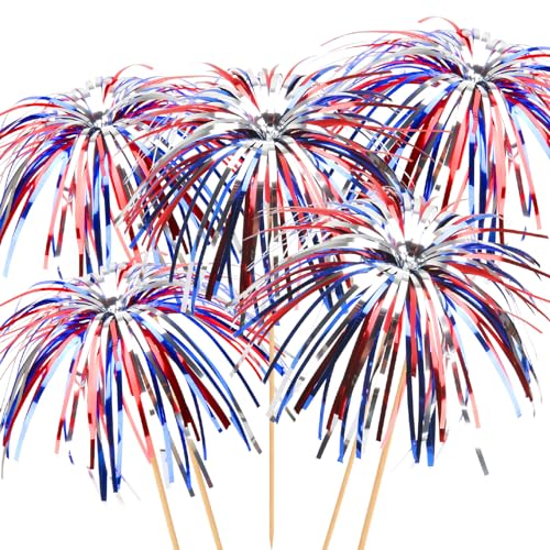 100PCS 4th of July Cocktail Picks 6 IN Firework Toothpicks for Appetizers Red White Blue Bamboo Skewers Drink Sticks Cupcake Toppers Independence Memorial Day Decorations Patriotic Party Supplies
