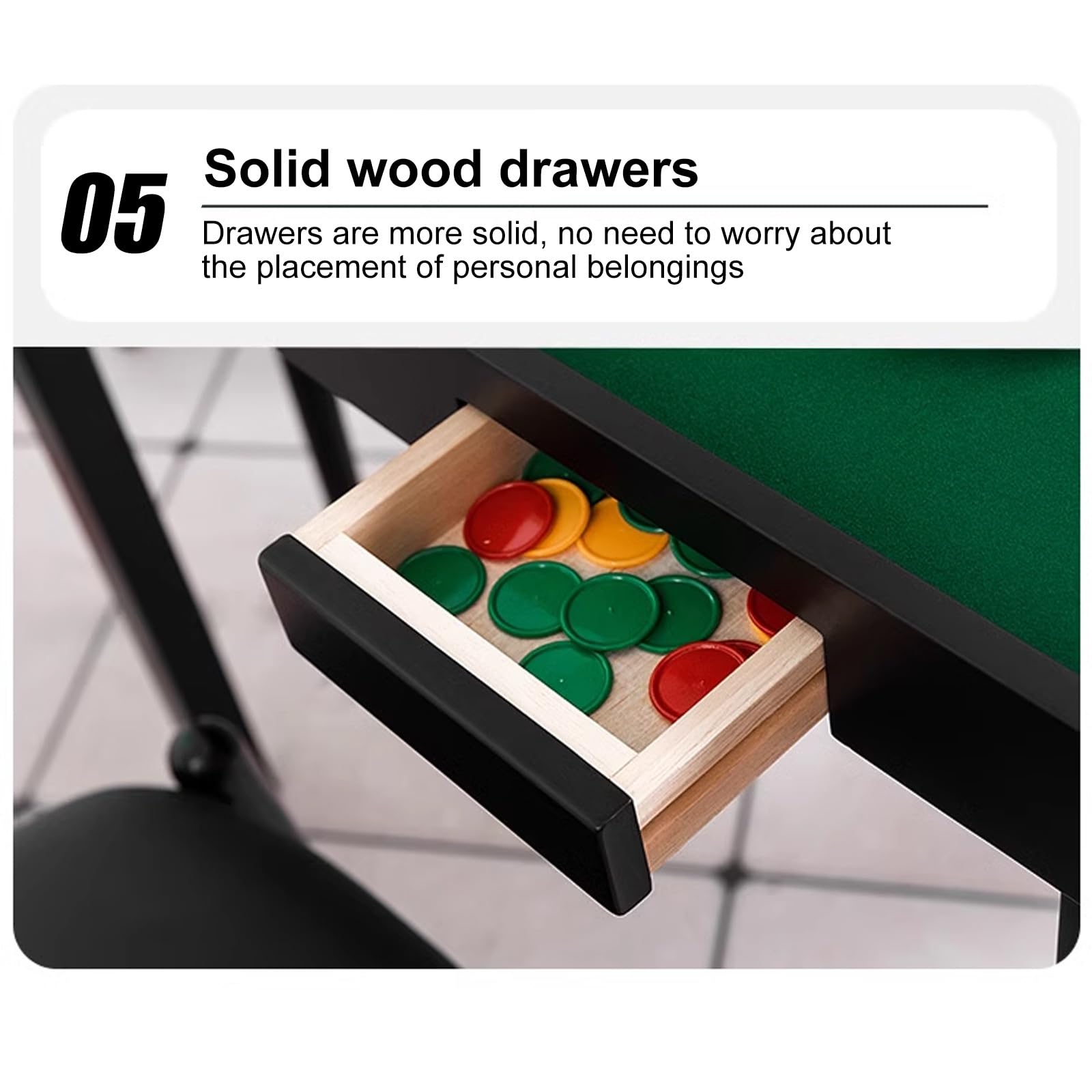 Tavolo da gioco pieghevole con cassetti e piano in feltro per carte, piastrelle e giochi da tavolo