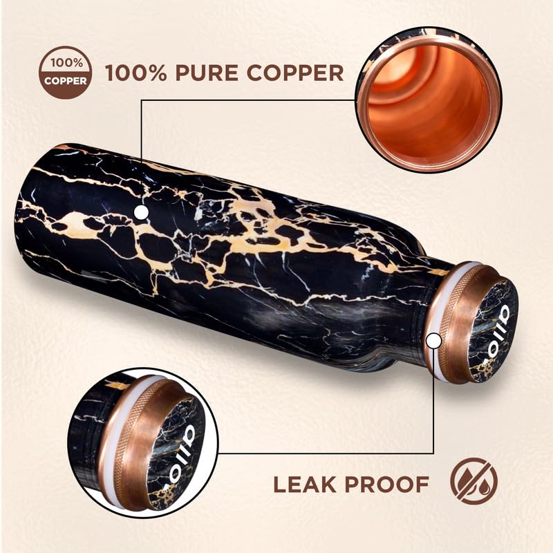 Image of Allo Pure Copper Water Bottle 1 Litre Copper Bottle | Alkaline and Anti Oxidant | 100% Leak Proof, Office, Gym Bottle, Modern Tamba Bottle for Adults, Best Gift for Diwali (Black Natural Marble)