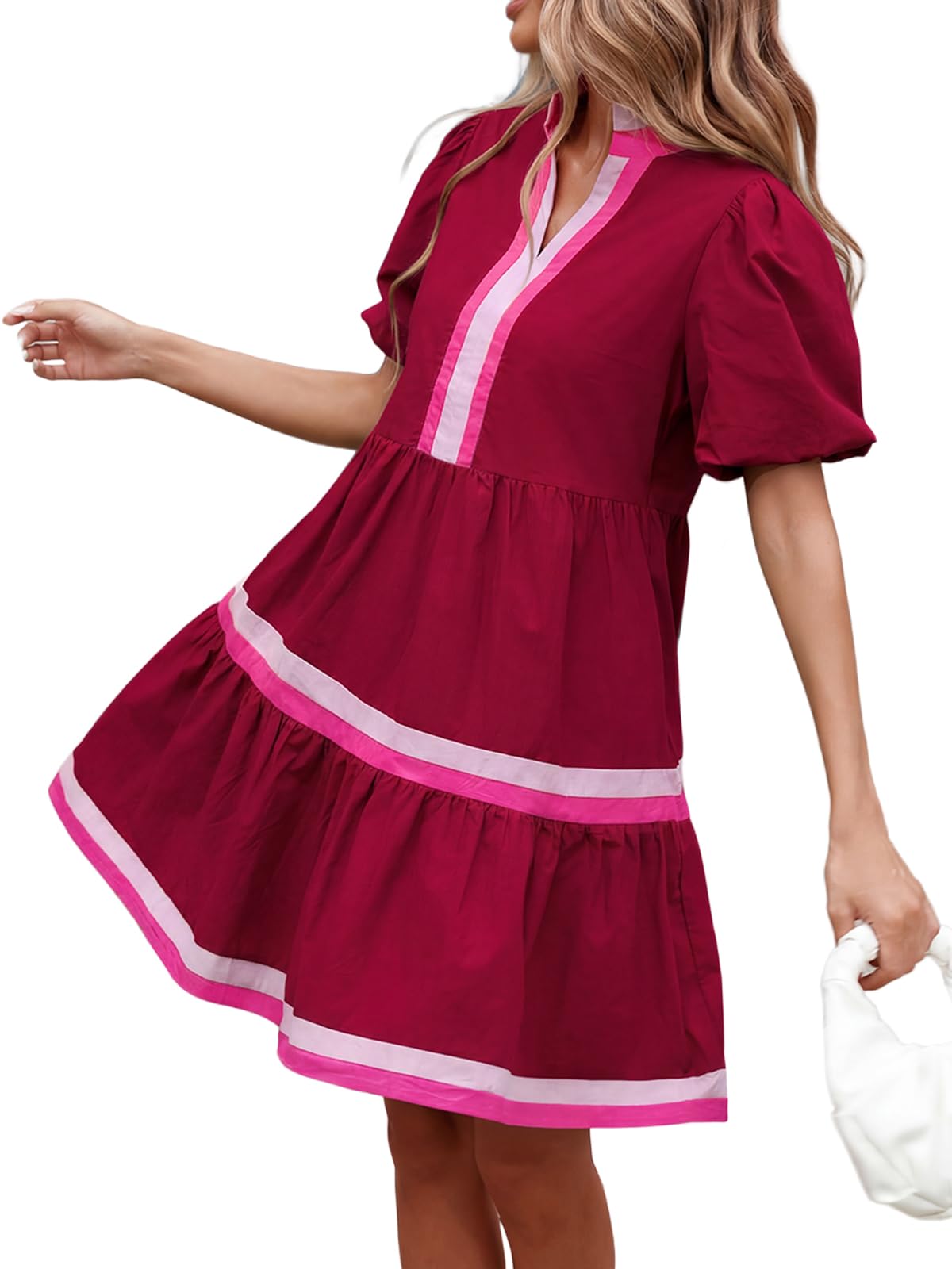 LifeShe Womens Puff Sleeve Babydoll Dress V Neck Navy Blue Striped Color Block Tiered Mini Dresses