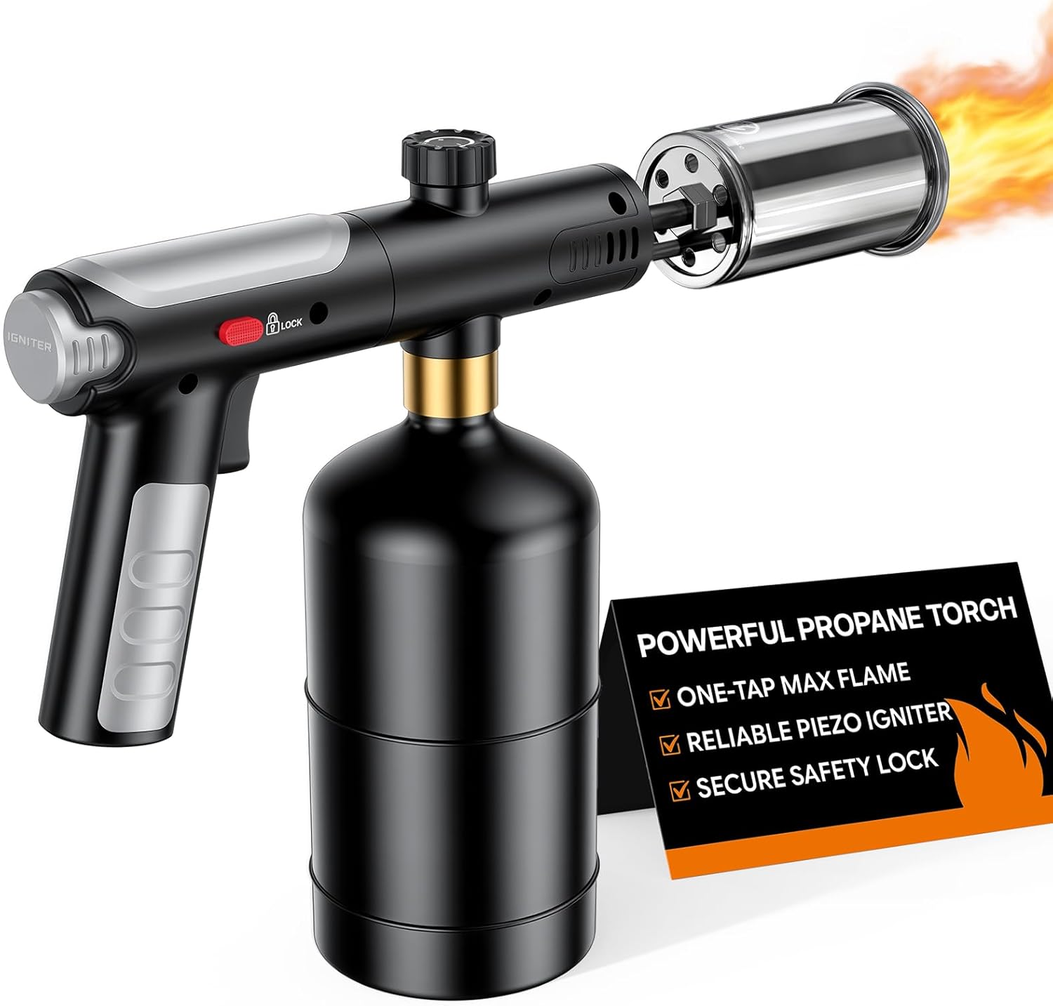 Propane Torch with One-Tap Max Flame, Safety Lock, Adjustable Precision Flame, Kitchen Blow Torch Gun for Sous Vide, Searing Steak, BBQ Grill, Camping(Tank Not Included)