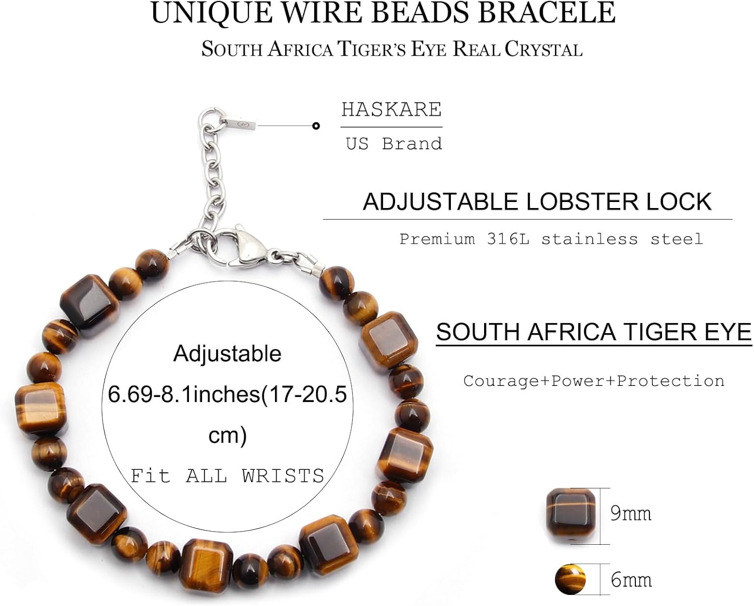 HASKARE Cubic Tigers Eye Bracelet Protection Crystals Beads Bracelet for Men Adjustable Chain Durable Men Jewelry Gift for Christmas Father Day Birthday - Image 6