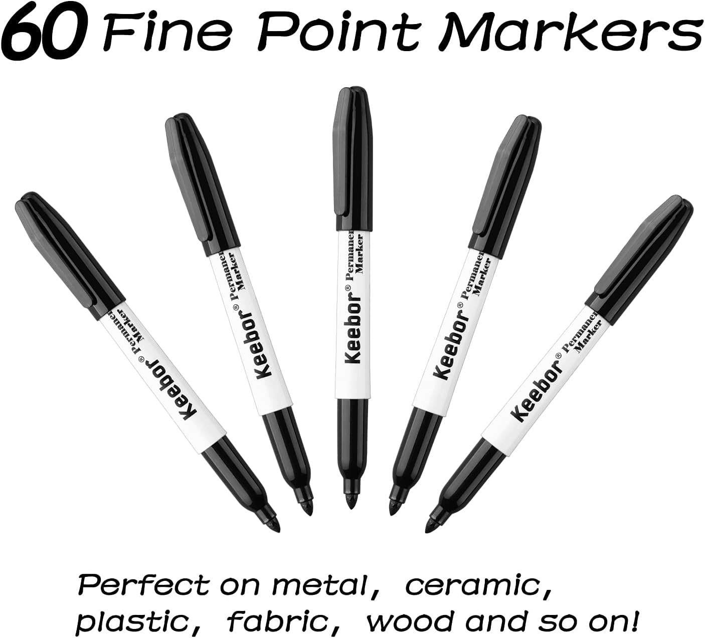 Keebor Advanced Permanent Markers Fine Tip, 60 Pack Black Permanent Marker Set, Waterproof - Quick Drying, Office Supplies