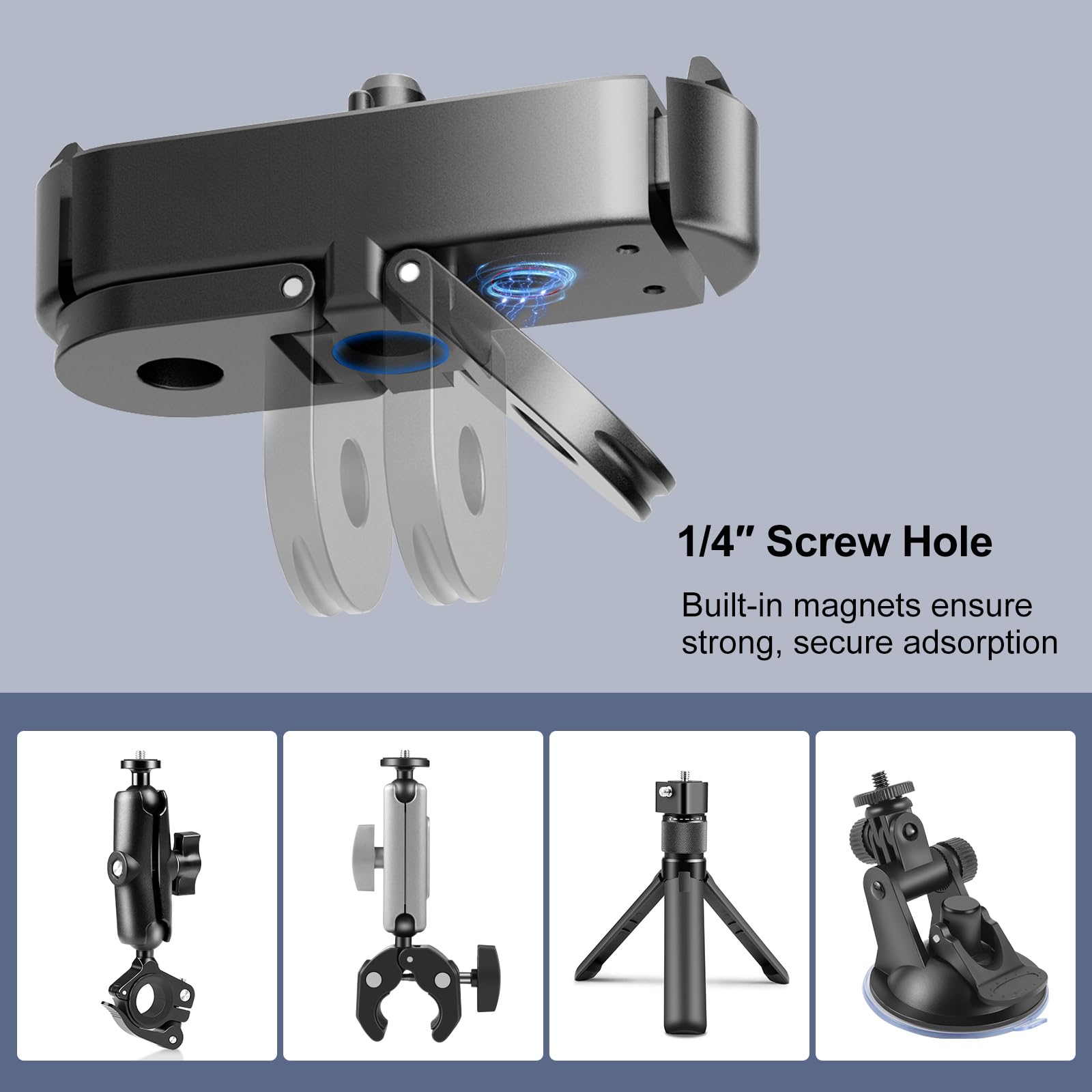 PULUZ Soporte magnético para GoPro Hero 13 negro, montaje de liberación rápida con orificio de tornillo de 1/4 a 20 puertos de conector de trípode para GoPro Hero 13