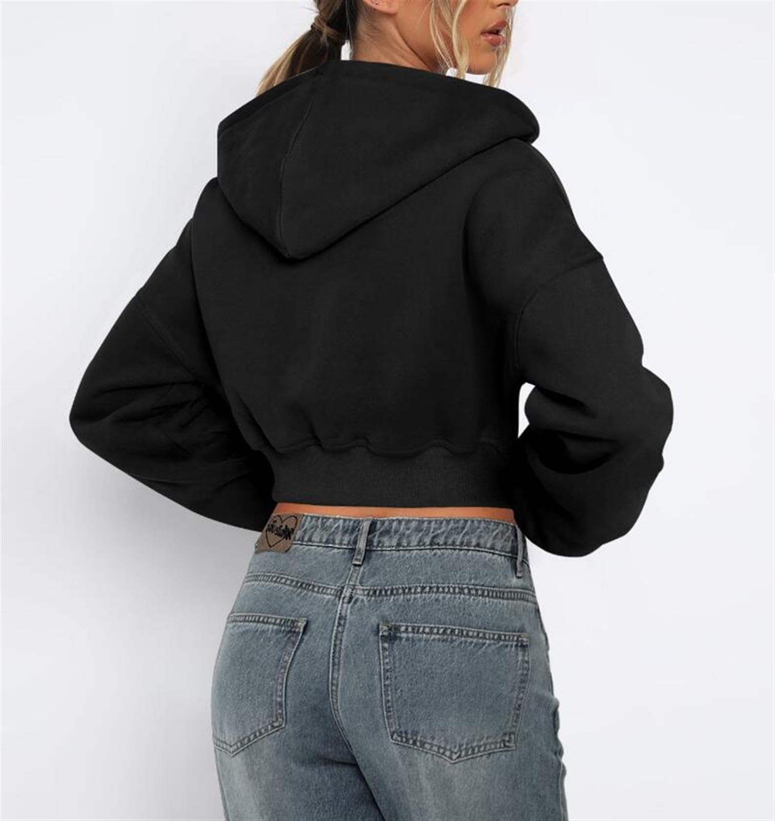 Zip Up Cropped Sudadera de Las Mujeres Manga Larga Color sólido Suelto Cuello Redondo Escotado Jersey con Capucha Chaqueta de Ropa Exterior,Negro,M