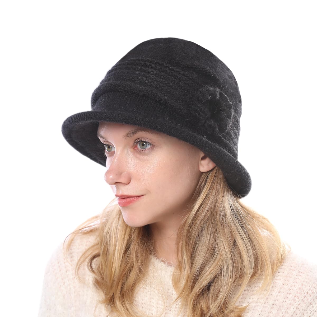 iNszkoos Women Wool Knit Winter Cloche Hat Ladies 1920s Retro Flower Bowler Bucket Hat Soft Peaked Warm Hat Derby Church Hat,Black