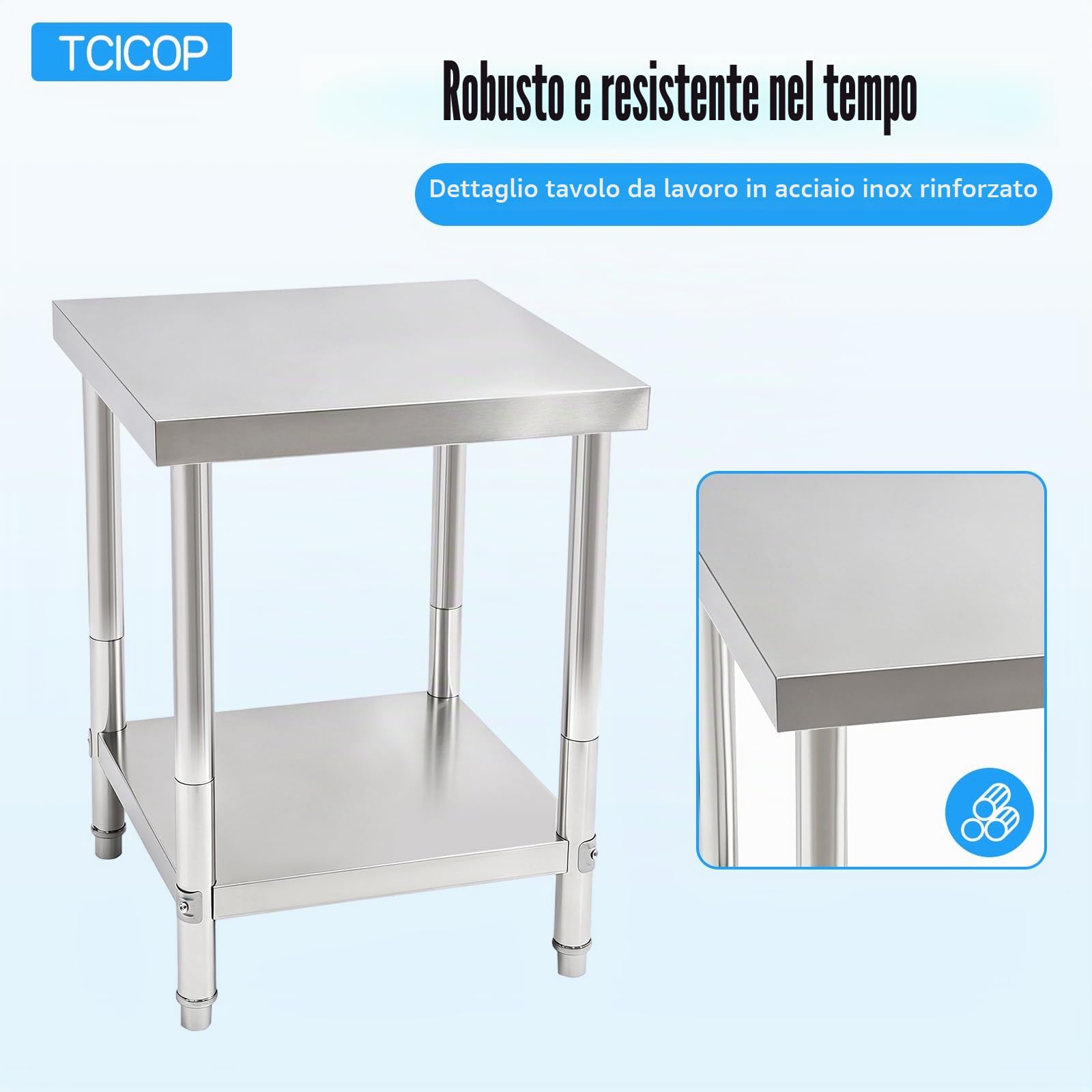 Tavolo da lavoro in acciaio inox, 60 x 60 x 80 cm, portata 400 kg, suola regolabile in metallo, adatto per cucina, sala da pranzo