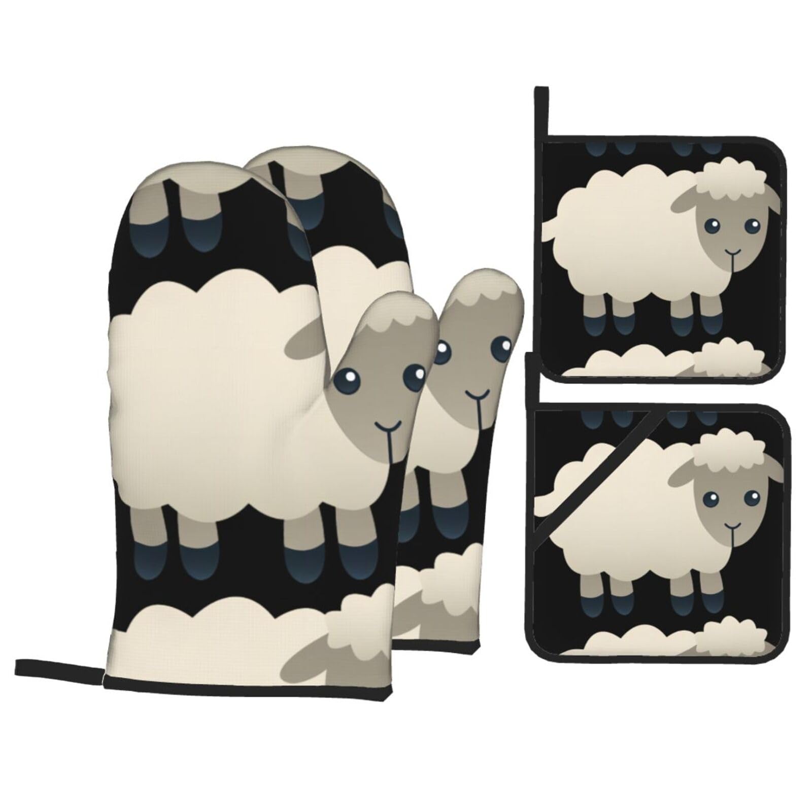 WHJSHOP Sheep Prints Kitchen Baking Throw Set with Heat Resistance, Waterproof Oven Mitts & Pot Holders for Cooking, Grilling & Handling Hot Dishes