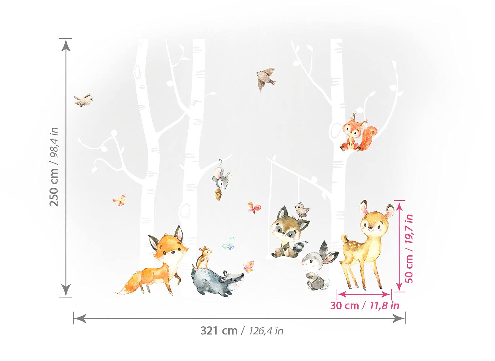 Little Deco Wandtattoo Wandsticker Kinderzimmer Tiere Wald Birkenstämme Wandaufkleber Wanddeko Babyzimmer Spielzimmer Wandbild Kinder Mädchen Junge DL660