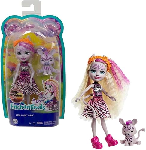 Mattel Enchantimals Zadie - Muñeca de cebra con figura de animal de referencia, muñeca pequeña de 6 pulgadas con falda extraíble y accesorios,