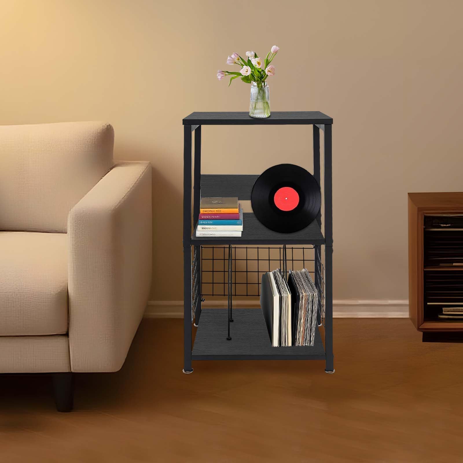 Mobile Vinile Stoccaggio a 3 livelli Ripiano Giradischi carico 45kg Struttura Ferro MDF Stabile Separatori Porta dischi Rimovibili Tavolo di Supplemento per Soggiorno Camera Ufficio