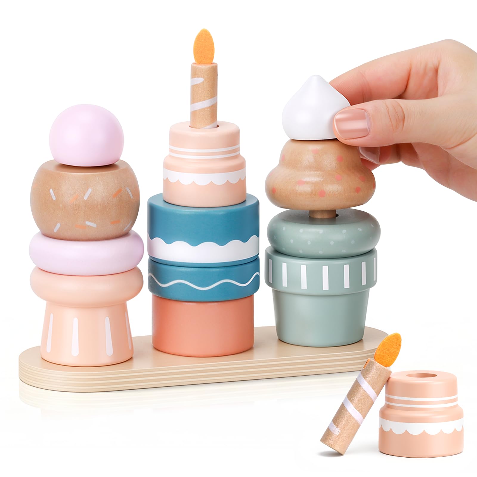 GYMSTR Montessori Stacking Toys for Toddlers,Wooden Sensory Pretend Play Food Cake Game Fine Motor Skills -- Christmas Easter Birthday Gift