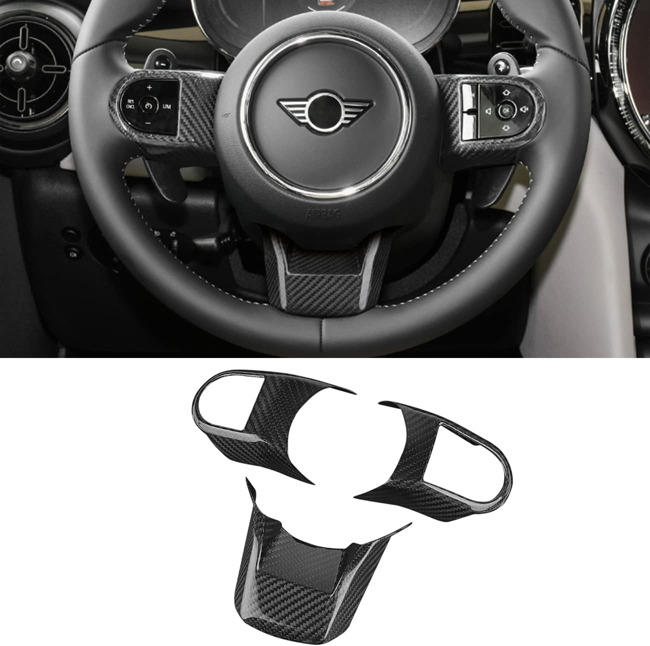 Dry Carbon Fiber Steering Wheel Sticker Cover Dashboard Caps Decal Trim Case for Mini Cooper One F54 Clubman F55 F56 Hatchback F57 Convertible F60 Countryman 2022+ (High Configuration Version)