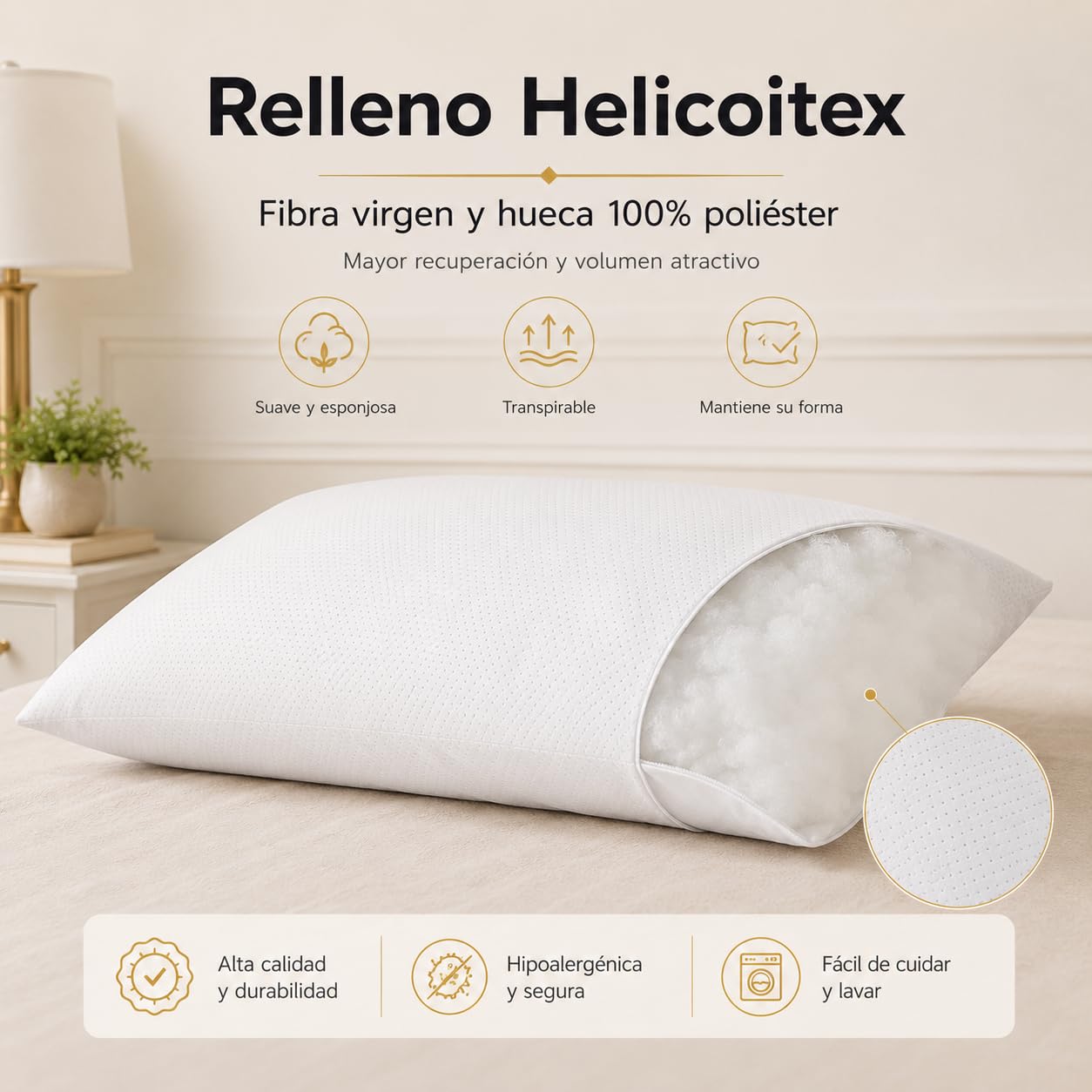 Moshy Almohada Brillantina, Fibra Helicoitex, Firmeza Media Blanda, Doble Funda, Algodón y Poliéster (135 cm)