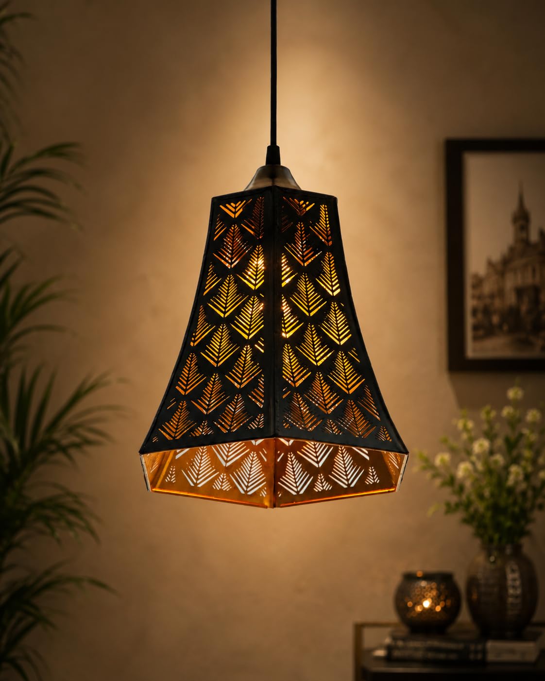 twixle Metal Black & Golden Laser Cutting Pentagonal Design Pendant Lamp, Hanging Ceiling Lamp for Living Room, Bedroom, Kitchen, Balcony, Restaurant/Cafe, Hanging Light for Home Decor (Without Bulb)-image-43