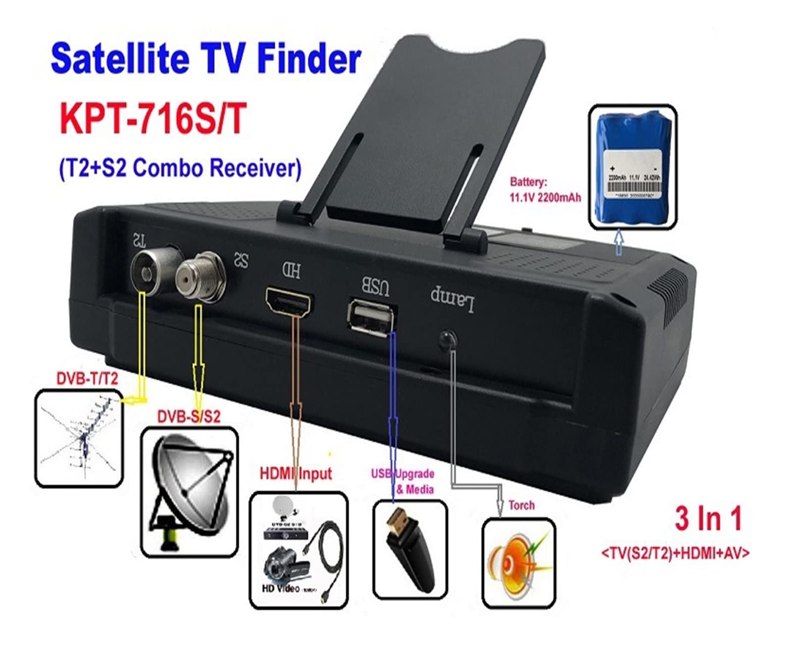 Medidor de Intensidad de señal de TV, 7" DVB-T2+DVB-S2 Terrestre HD+ Tester KPT-716S/T Buscador de satélite de Pantalla Ancha portátil,Buscador de satélites