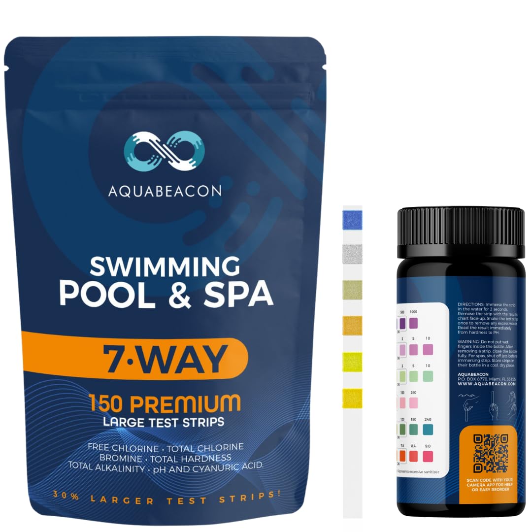 Aquabeacon Pool Test Strips - 7-Way Spa & Hot Tub Test Strips – 150PCS Premium Pool Testing Strips - Pool Water Test Strips for Alkalinity, pH, Free & Total Chlorine, Bromine, Hardness & Cyanuric Acid