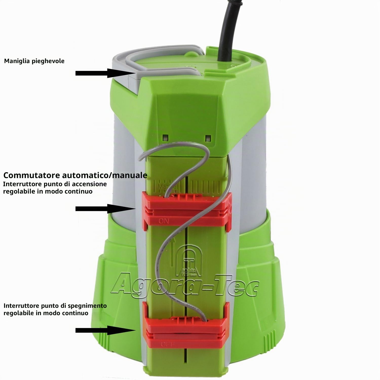Pompa sommersa Agora-Tec AT per acque chiare 250W Vario-Control (1 mm di aspirazione piatta) interruttore a galleggiante regolabile in continuo con valvola di ritegno e max 0,4 bar e max 3000l/h