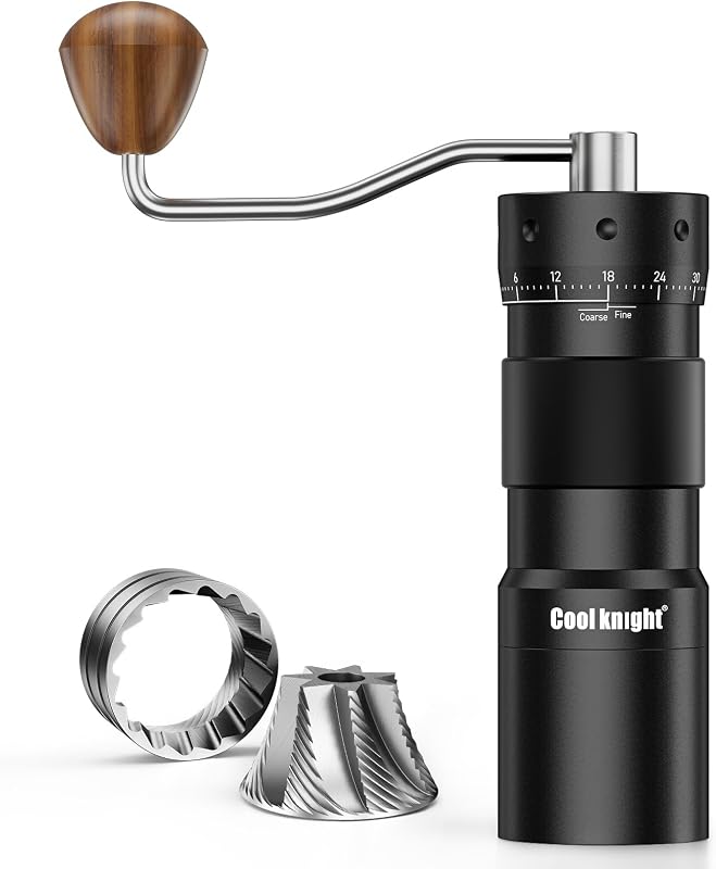 Molinillo de café manual, fresa cónica de acero inoxidable SUS420 de 7 filos, ajuste externo de 72 clics, capacidad de 25 g, cuerpo de aluminio, mango de nogal, taza de captura magnética para expreso y vertido