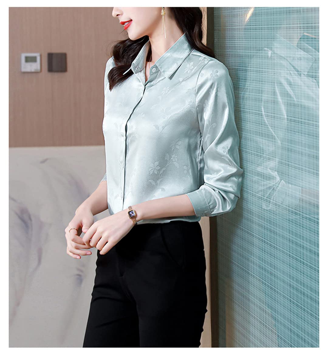 Blusa de satén de Manga Larga con Estampado Floral para Mujer Camisa de Vestir de Trabajo con Botones y Cuello en V para Mujer Gray M