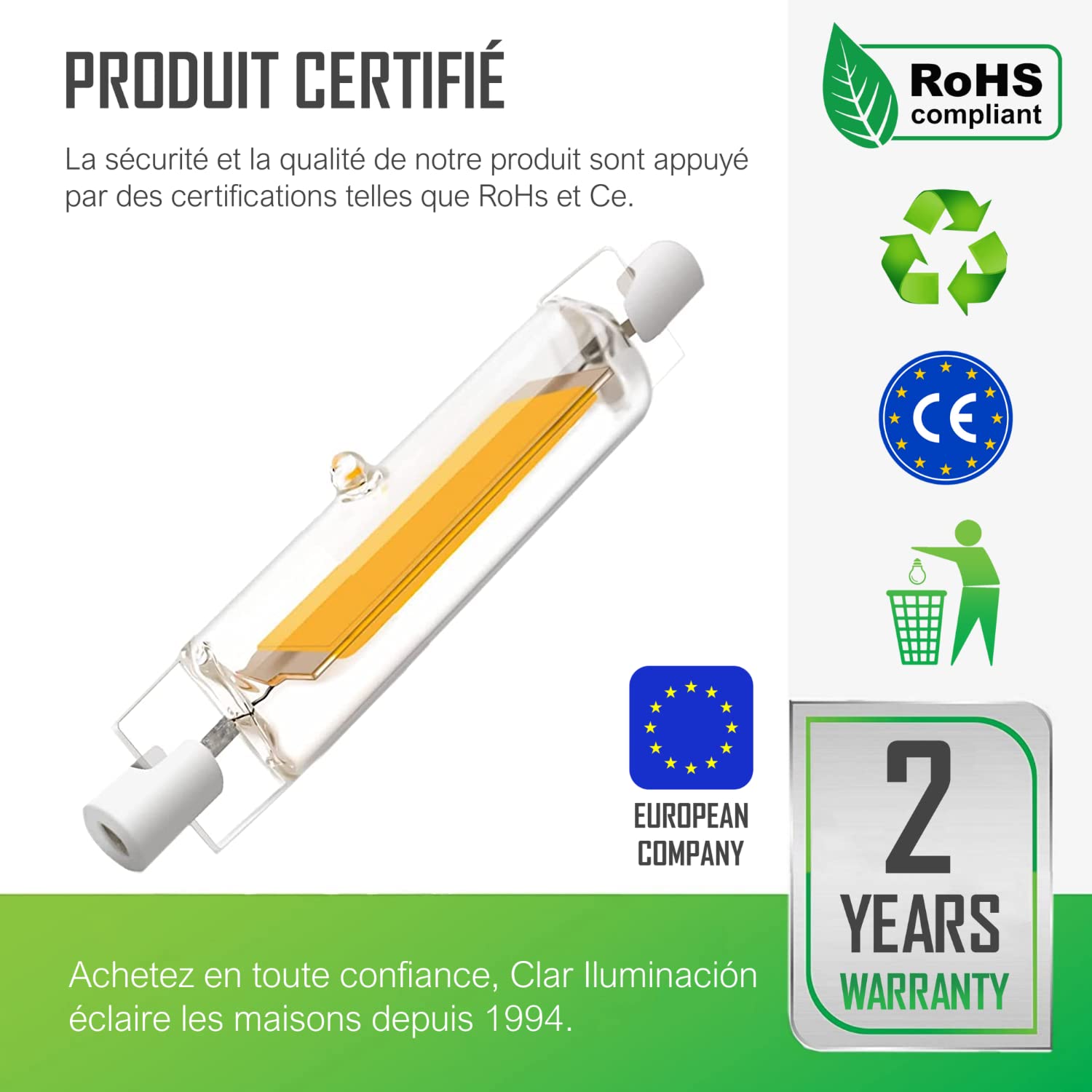 CLAR - R7S 78mm LED Bulb, 6W 3000ºK (Pack of 5), Warm White (3000ºk), 6W 78mm (Pack 5) - Image 2