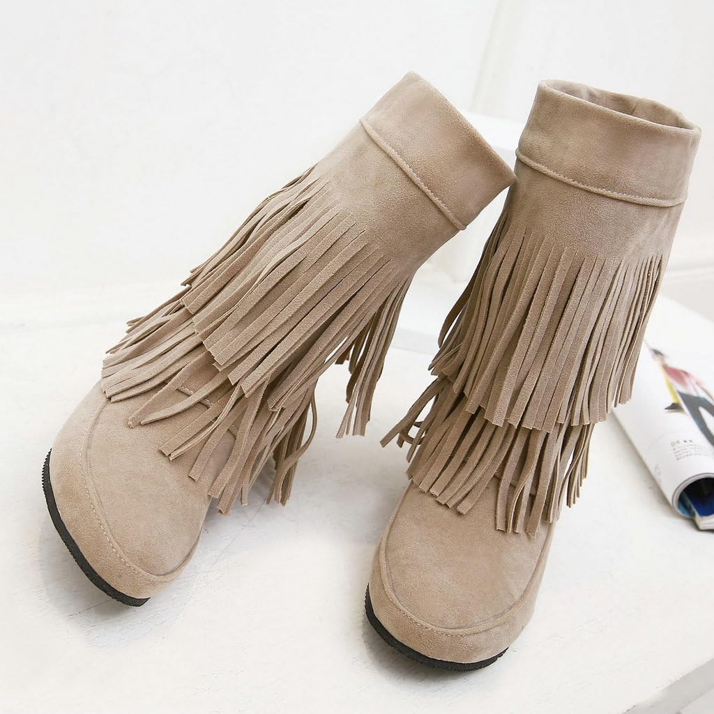 DINTAHA Flat Boots With Fringe For Women,Mid Calf Boots For Women Low Heel,Suede Ankle Boots