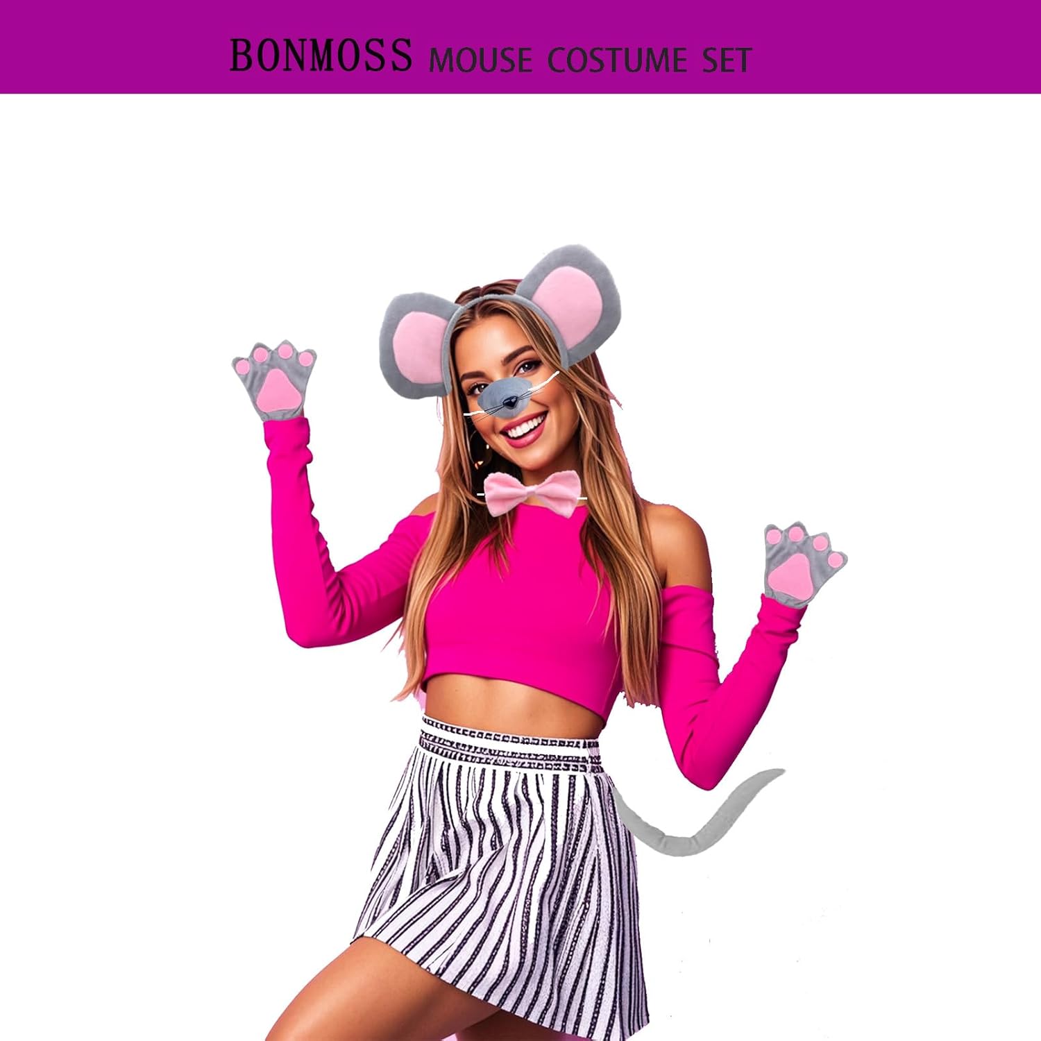 Mouse Costume Set Mouse Ears Headband Nose Gloves Tail Bow Tie Fancy Gray Animal Accessory Kit Cosplay Costume for Halloween Carnival Dress up Theme Party - Image 2