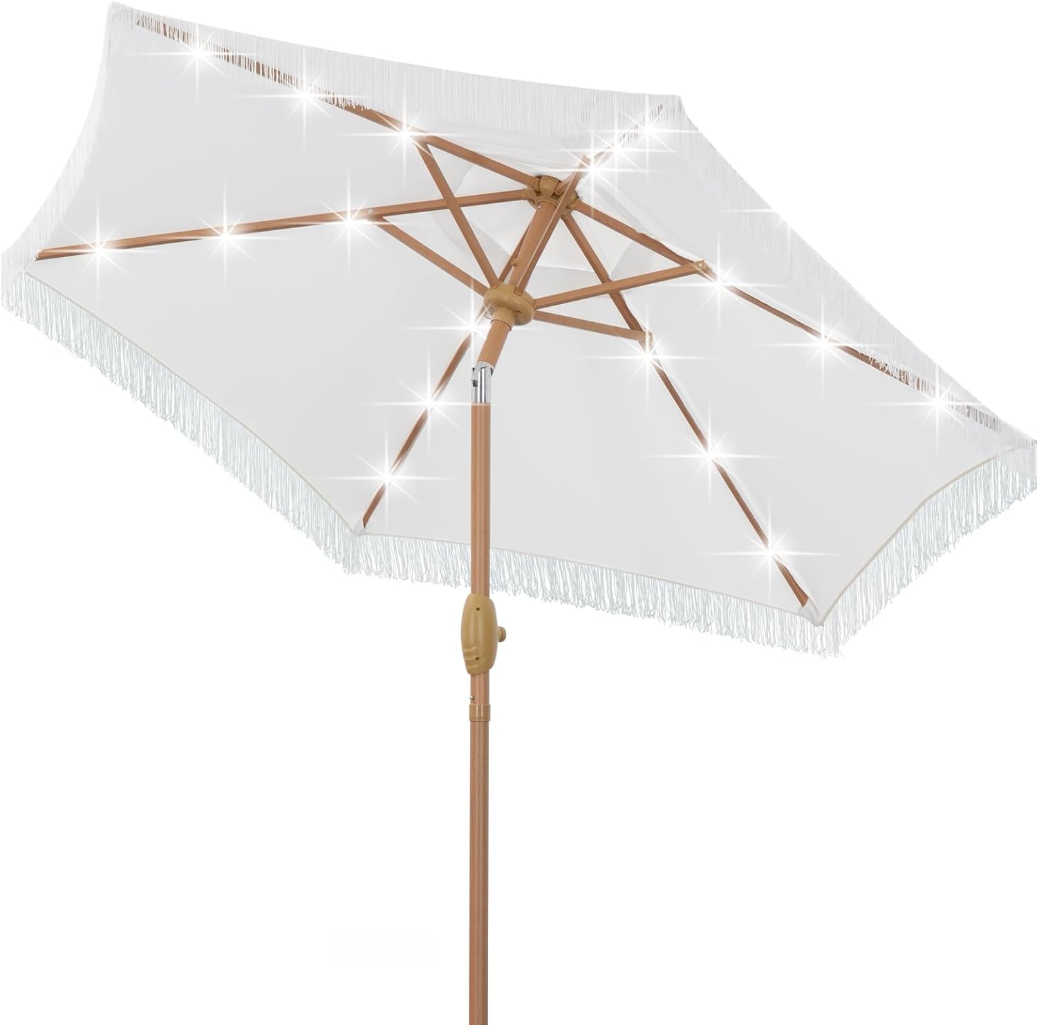 7.5 FT Patio Umbrella with Fringe and 18 LED Lights, Outdoor Tassel Beach Umbrella, Table Market Umbrellas with Crank