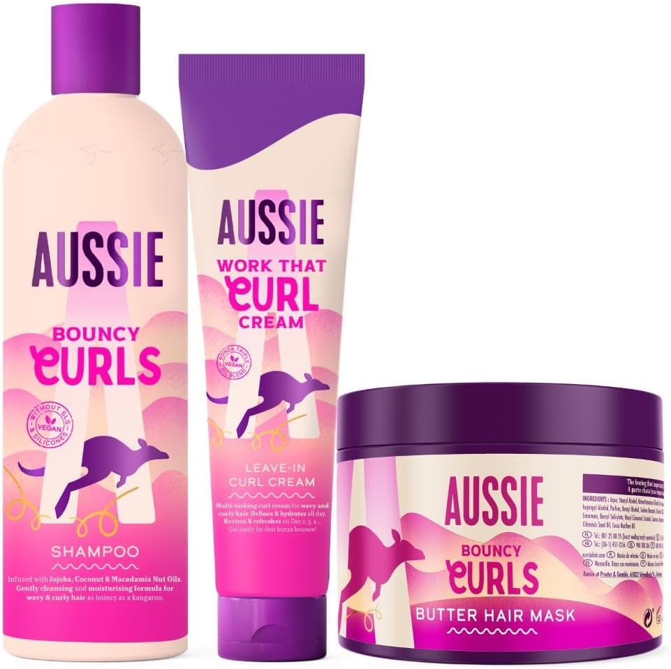 Aussie Spezielles Set: Bouncy Curls: Feuchtigkeitsspendendes Shampoo für trockenes lockiges und gewelltes Haar + Haarmaske mit oder ohne Aufhellung + Lockendefinierende Creme